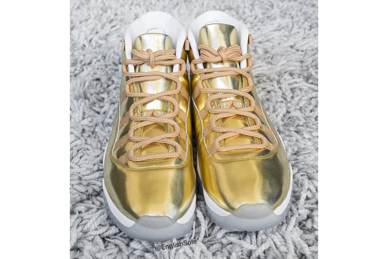 黄金に光り輝く OVO × Air Jordan 11 のビジュアルが公開 Drake's Unreleased Gold OVO Air Jordan 11 Closer Look Official Golden Flecks Metallic Icy Sole Unit Jumpman 23 Shoetrees Glitter Highly Limited Samples 10 Pairs Shoes Footwear Sneakers