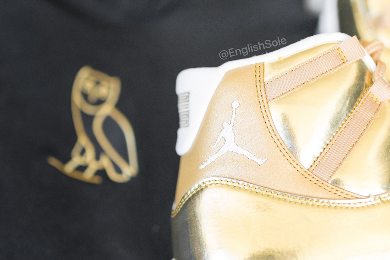 黄金に光り輝く OVO × Air Jordan 11 のビジュアルが公開 Drake's Unreleased Gold OVO Air Jordan 11 Closer Look Official Golden Flecks Metallic Icy Sole Unit Jumpman 23 Shoetrees Glitter Highly Limited Samples 10 Pairs Shoes Footwear Sneakers