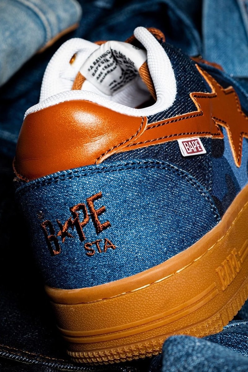 BAPE®️からデニムのパッチワークが施されたBAPE STA™が登場 bape bapesta patchwork denim blue brown 20th anniversary release date info photos price