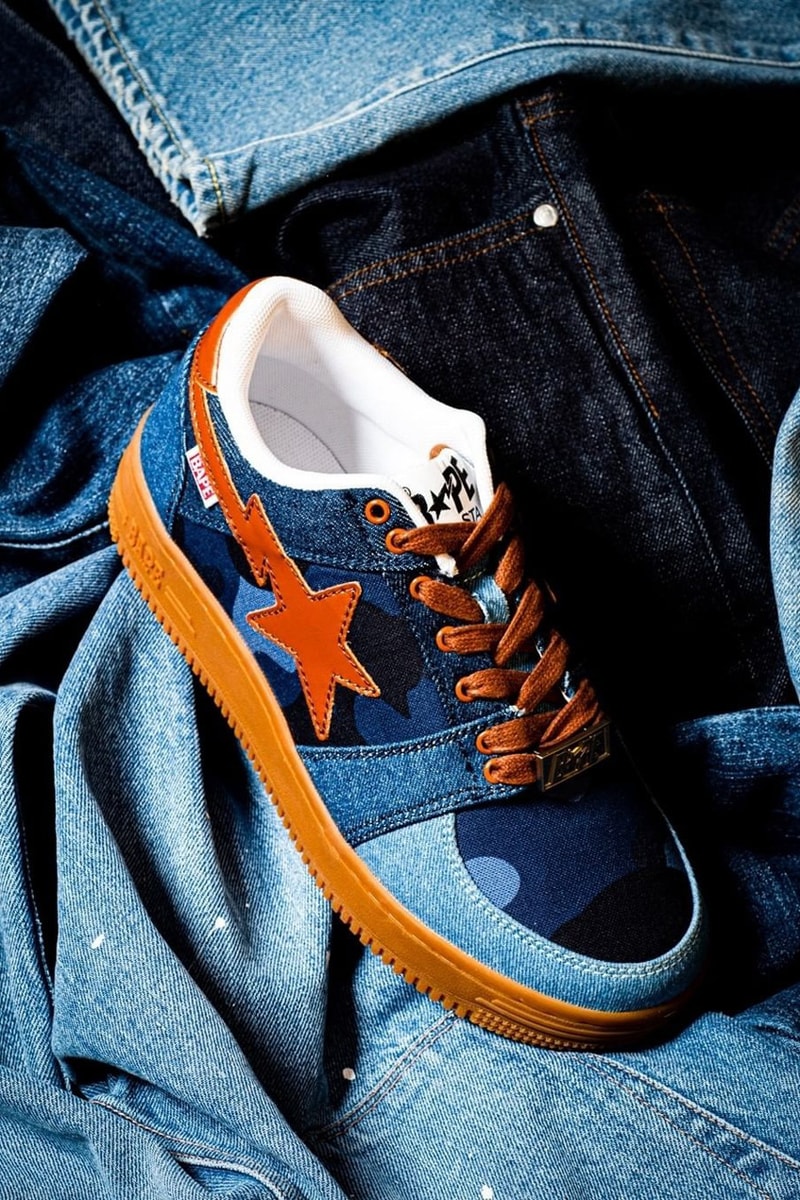BAPE®️からデニムのパッチワークが施されたBAPE STA™が登場 bape bapesta patchwork denim blue brown 20th anniversary release date info photos price