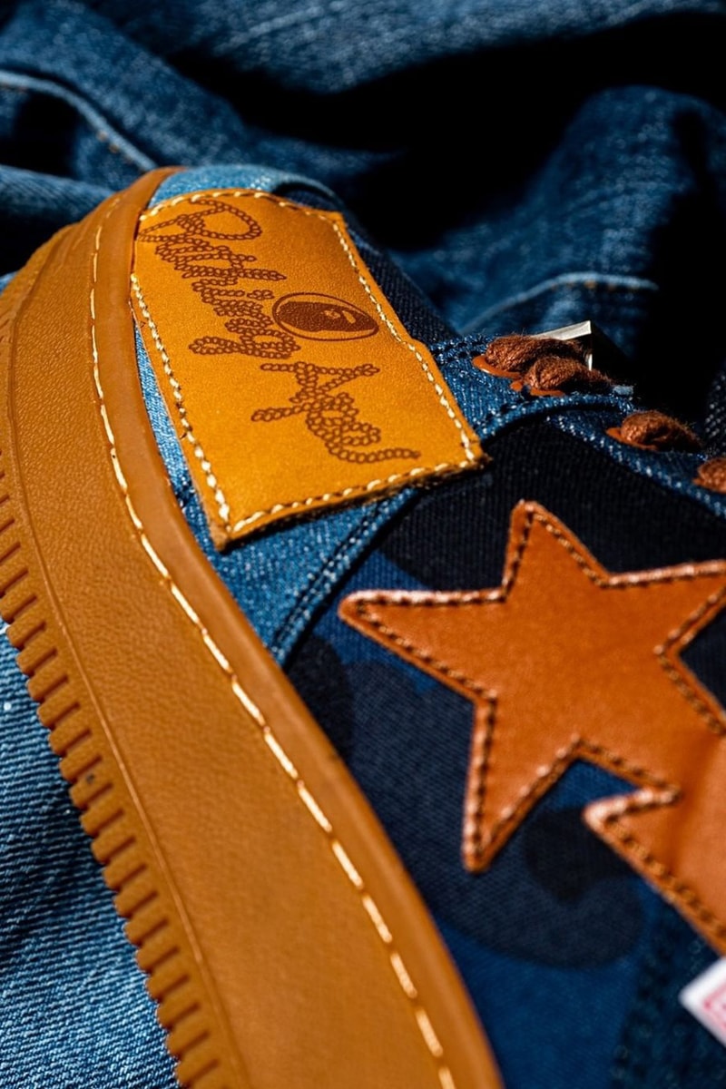BAPE®️からデニムのパッチワークが施されたBAPE STA™が登場 bape bapesta patchwork denim blue brown 20th anniversary release date info photos price