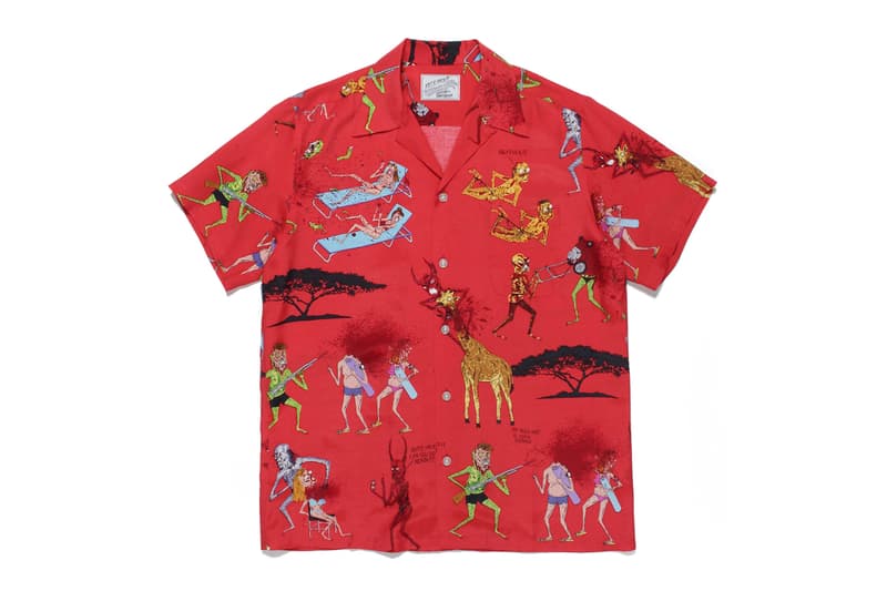 ワコマリアがネックフェイスとの最新コラボハワイアンシャツをリリース Nasty Neckface x WACKO MARIA Hawaiian Shirts Demons Illustrations Drawings Giraffes African Acacia Trees Red White Gray Blue