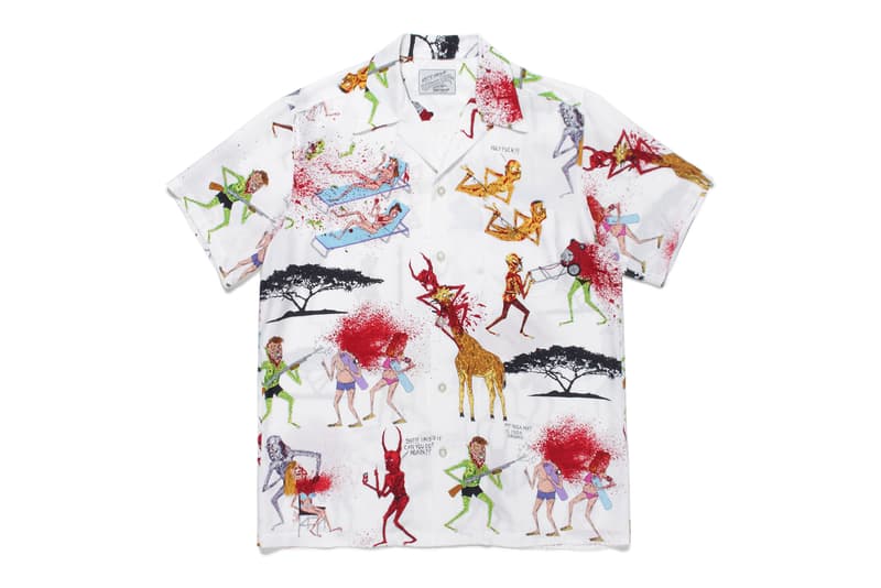 ワコマリアがネックフェイスとの最新コラボハワイアンシャツをリリース Nasty Neckface x WACKO MARIA Hawaiian Shirts Demons Illustrations Drawings Giraffes African Acacia Trees Red White Gray Blue