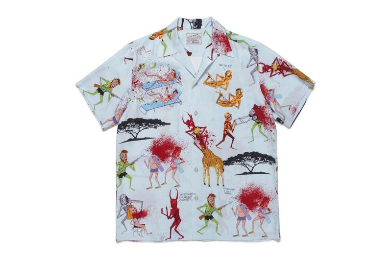 ワコマリアがネックフェイスとの最新コラボハワイアンシャツをリリース Nasty Neckface x WACKO MARIA Hawaiian Shirts Demons Illustrations Drawings Giraffes African Acacia Trees Red White Gray Blue 