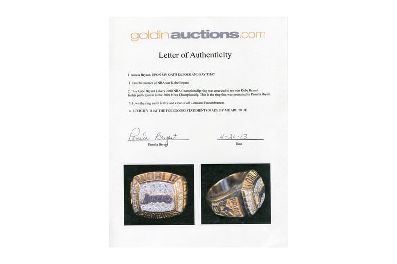 コービー・ブライアントの2000年 NBA チャンピオンリングが2,000万円を超える価格で落札 Kobe pamela Bryant Los Angeles Lakers Championship Ring 206 000 USD Auction joe jellybean