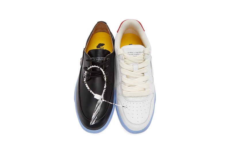 Off-White™️ から最も滑稽な組み合わせを提唱する新作フットウェアが登場　Off-White™ Black & White Half-Half Sneakers Mismatched Shoes Footwear Derby Leather Virgil Abloh Footwear Release Information Red Logo Arrows Cross X Marble Tag 