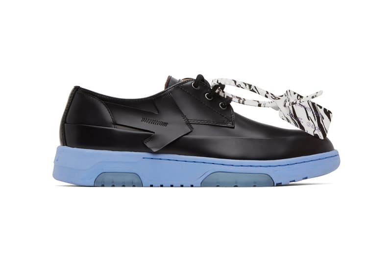 Off-White™️ から最も滑稽な組み合わせを提唱する新作フットウェアが登場　Off-White™ Black & White Half-Half Sneakers Mismatched Shoes Footwear Derby Leather Virgil Abloh Footwear Release Information Red Logo Arrows Cross X Marble Tag 