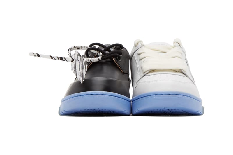 Off-White™️ から最も滑稽な組み合わせを提唱する新作フットウェアが登場 Off-White™ Black & White Half-Half Sneakers Mismatched Shoes Footwear Derby Leather Virgil Abloh Footwear Release Information Red Logo Arrows Cross X Marble Tag