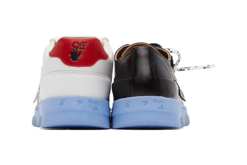 Off-White™️ から最も滑稽な組み合わせを提唱する新作フットウェアが登場 Off-White™ Black & White Half-Half Sneakers Mismatched Shoes Footwear Derby Leather Virgil Abloh Footwear Release Information Red Logo Arrows Cross X Marble Tag