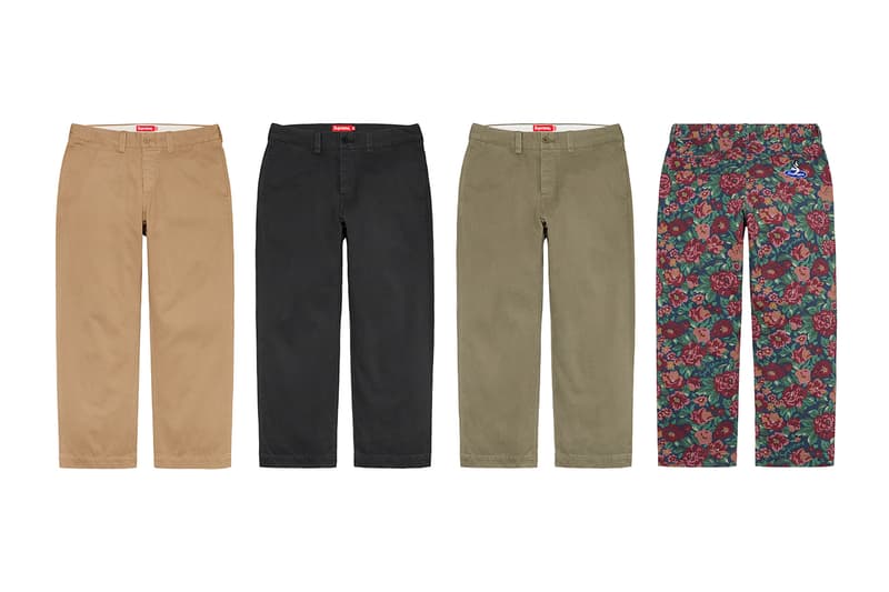 シュプリーム Supreme 2020年秋冬コレクション パンツ 今季はボンテージパンツやスタッズ付きのワークパンツといったパンク要素溢れるものから、アニメ『スマーフ（The Smurfs）』や〈Fox Racing（フォックス レーシング）〉とのコラボピース、絵師・佐伯俊男、Lee Scratch Perry（リー・スクラッチ・ペリー）のアートワークを使ったデニムパンツなどセットアップで着こなしたいアイテムまでが揃う。その他にもカーペンターパンツ、ナイロンパンツ、ベロアパンツ、カーゴパンツなど幅広いスタイルに対応できるピースが多数ラインアップ。