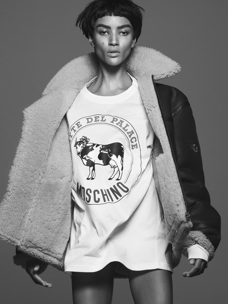 パレス スケートボード palace skateboards とモスキーノ moschino による初コラボが実現  moschino palace skateboards collection collaboration shearling jackets puffers denim hoodies t shirts release fall winter 2020 milk carton duck logo shirt jeans jacket motorcycle bell helmet jeremy scott