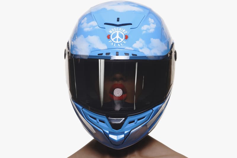 パレス スケートボード palace skateboards とモスキーノ moschino による初コラボが実現  moschino palace skateboards collection collaboration shearling jackets puffers denim hoodies t shirts release fall winter 2020 milk carton duck logo shirt jeans jacket motorcycle bell helmet jeremy scott