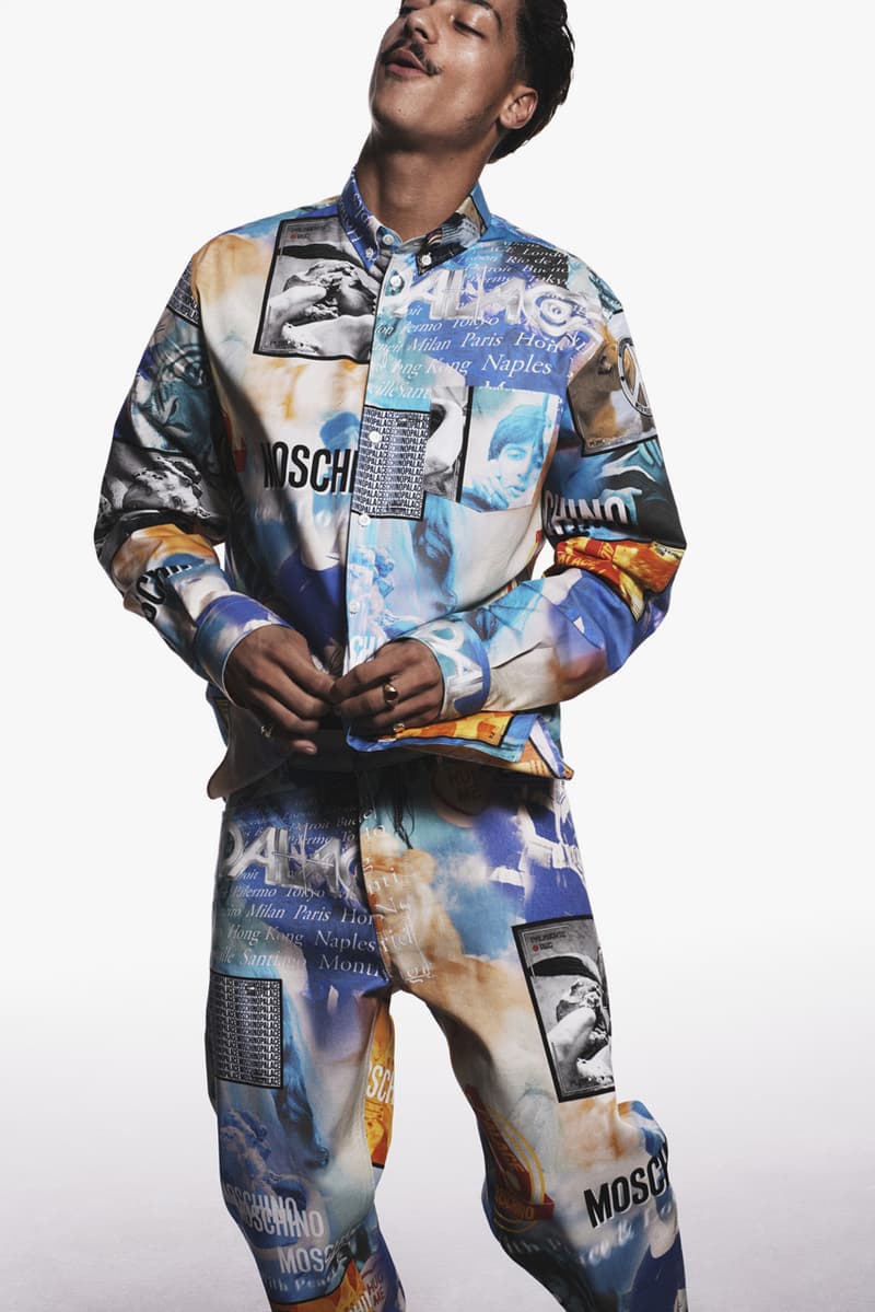 パレス スケートボード palace skateboards とモスキーノ moschino による初コラボが実現  moschino palace skateboards collection collaboration shearling jackets puffers denim hoodies t shirts release fall winter 2020 milk carton duck logo shirt jeans jacket motorcycle bell helmet jeremy scott