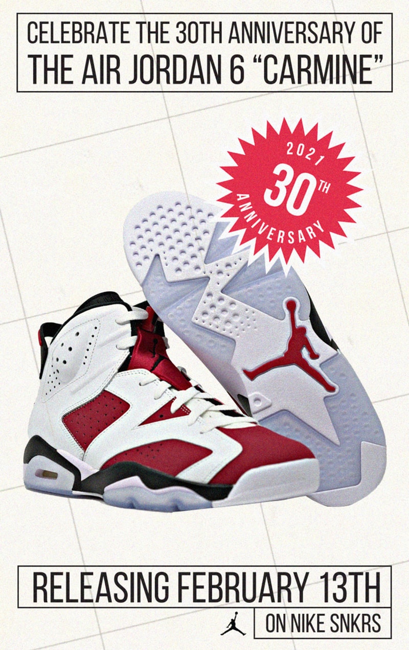 エア ジョーダン 6 “カーマイン”が7年ぶり3度目の復刻を遂げる The Air Jordan 6 "Carmine" Is Returning in 2021