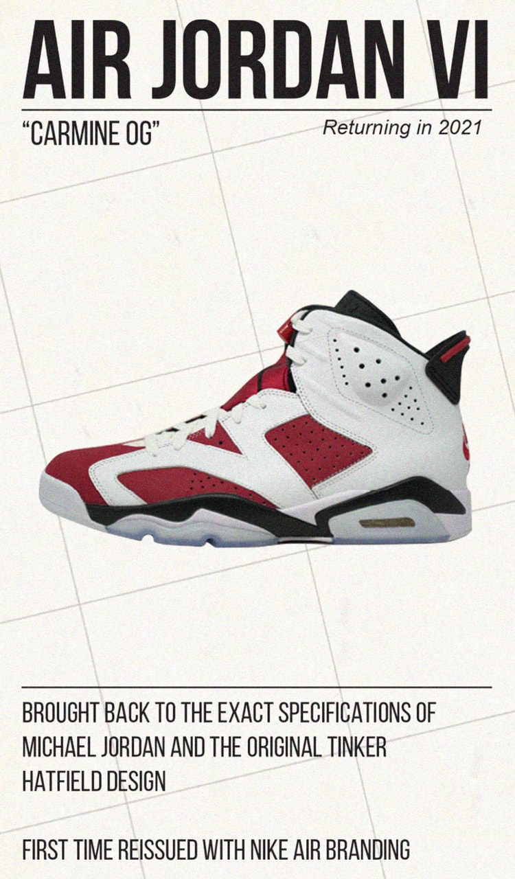 エア ジョーダン 6 “カーマイン”が7年ぶり3度目の復刻を遂げる The Air Jordan 6 "Carmine" Is Returning in 2021