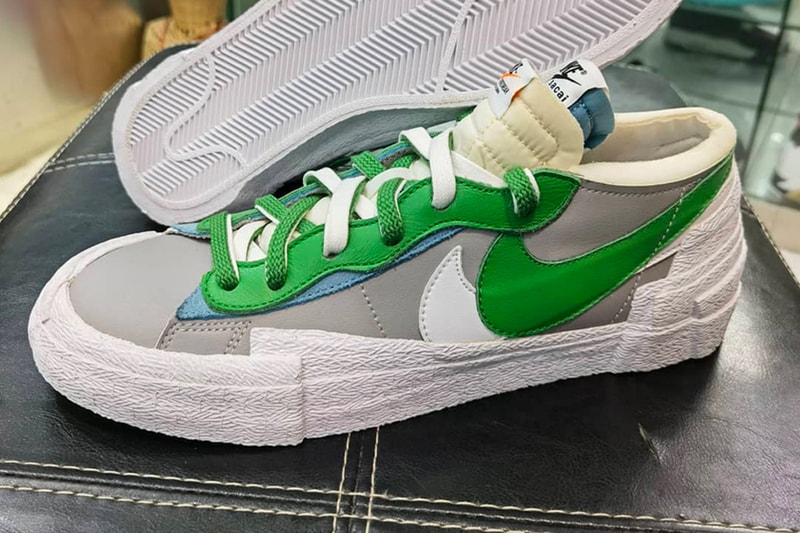 サカイxナイキ ブレーザー ローのクローズアップ画像が浮上 sacai nike sportswear blazer low classic green medium grey white blue DD1877 001 chitose abe official release date info photos price store list buying guide