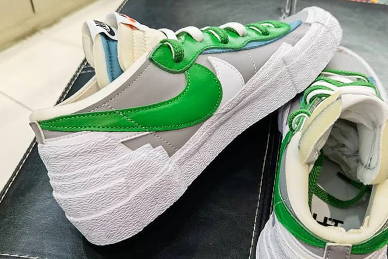 サカイxナイキ ブレーザー ローのクローズアップ画像が浮上 sacai nike sportswear blazer low classic green medium grey white blue DD1877 001 chitose abe official release date info photos price store list buying guide