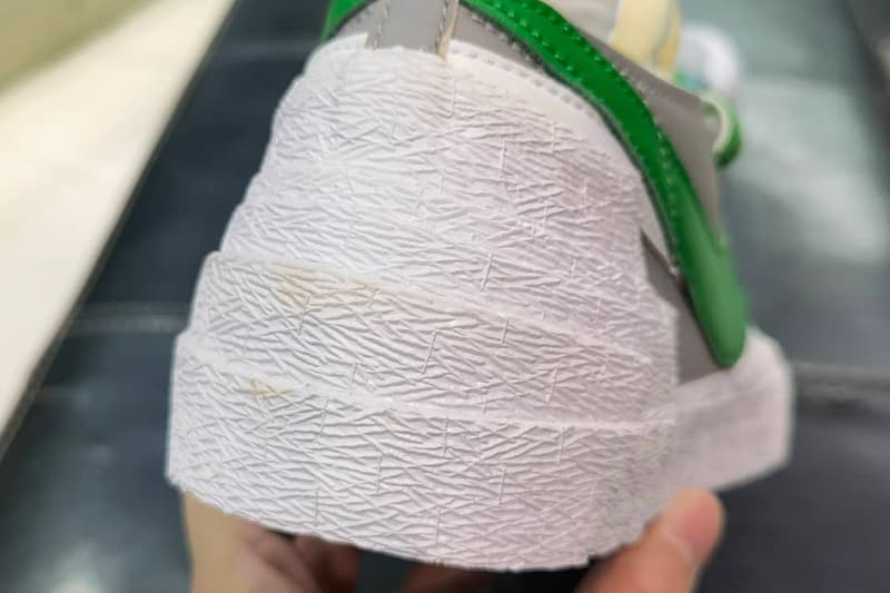 サカイxナイキ ブレーザー ローのクローズアップ画像が浮上 sacai nike sportswear blazer low classic green medium grey white blue DD1877 001 chitose abe official release date info photos price store list buying guide