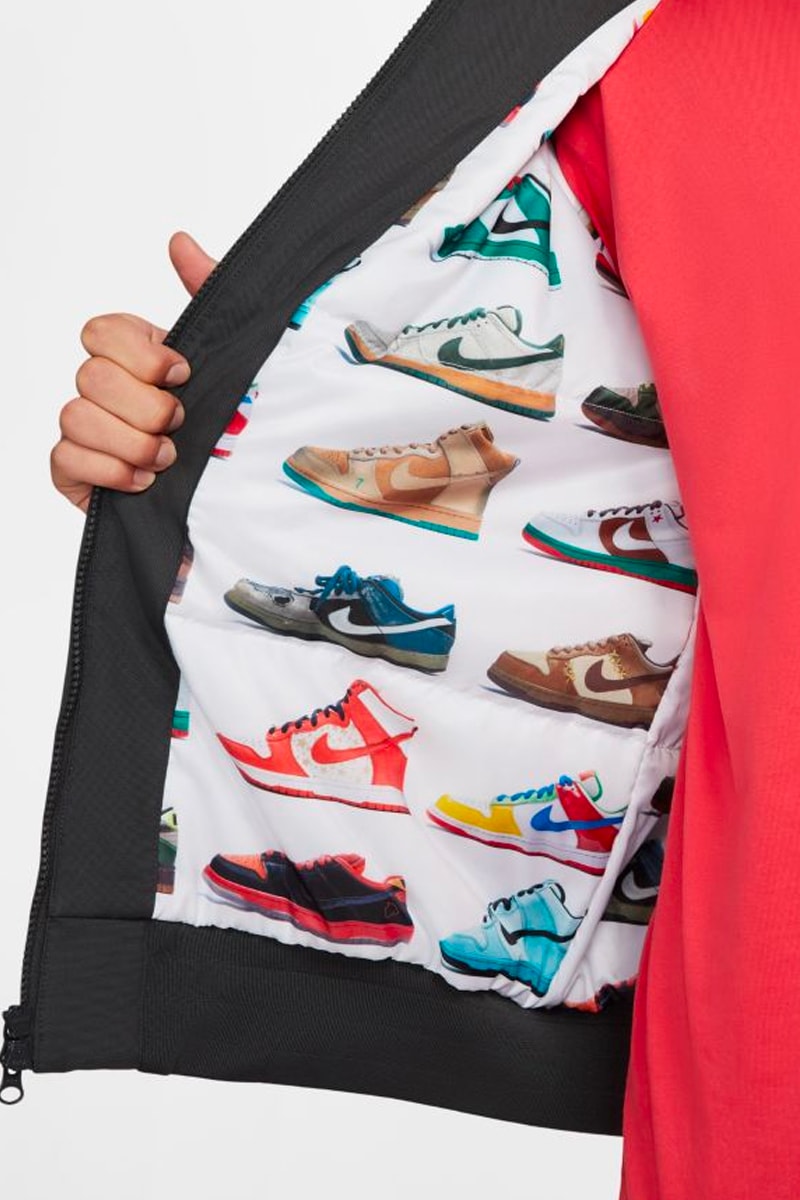 裏地にナイキSBの初期ダンクが所狭しとプリントされたジャケットが登場 Nike SB Dunk Low Jacket Release Info cv4357-084
