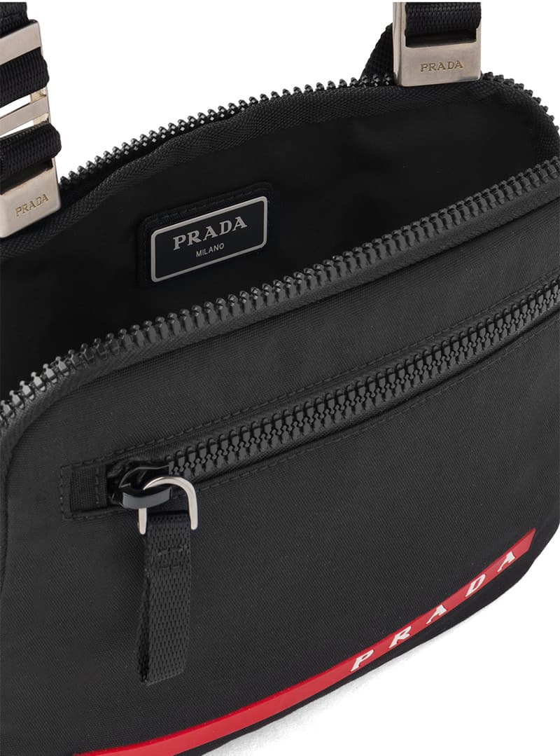 プラダから再生ナイロン製のチェストバックがリリース prada crossbody chest rig bag technical functional red Linea Rossa latex label designer luxury fashion streetwear accessories triangle logo  