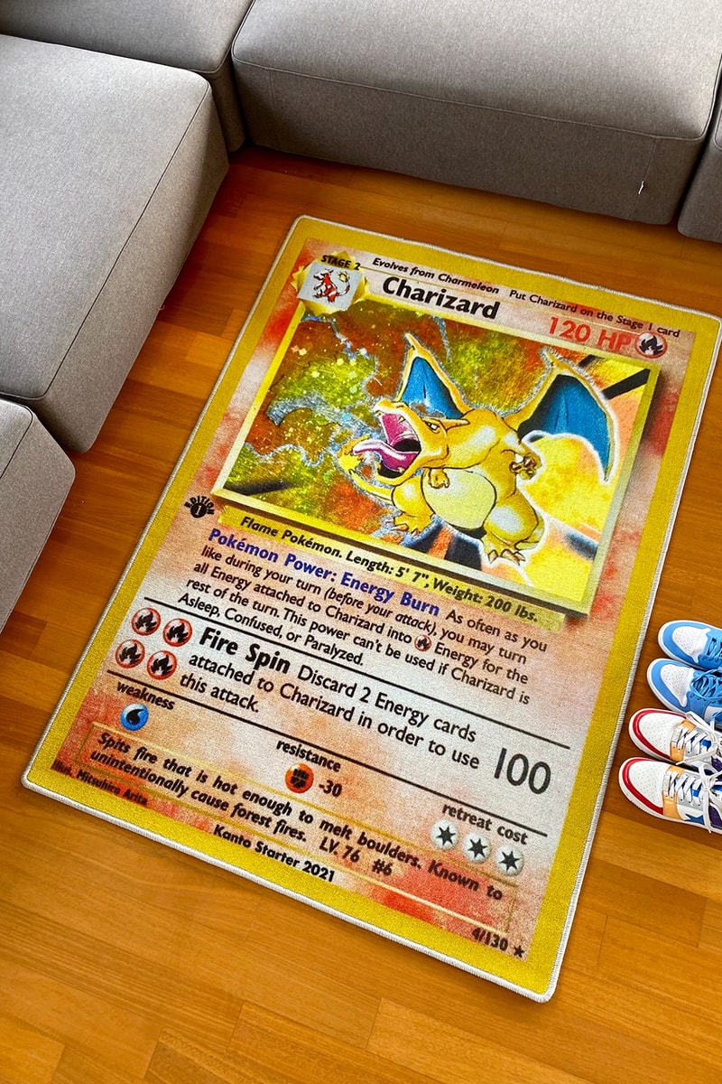 『ポケモンカード』の初期版リザードンを忠実に再現したラグが登場 Kanto Starter Pokémon Charizard First Edition Base Rug Release Info Buy Price Logan Paul