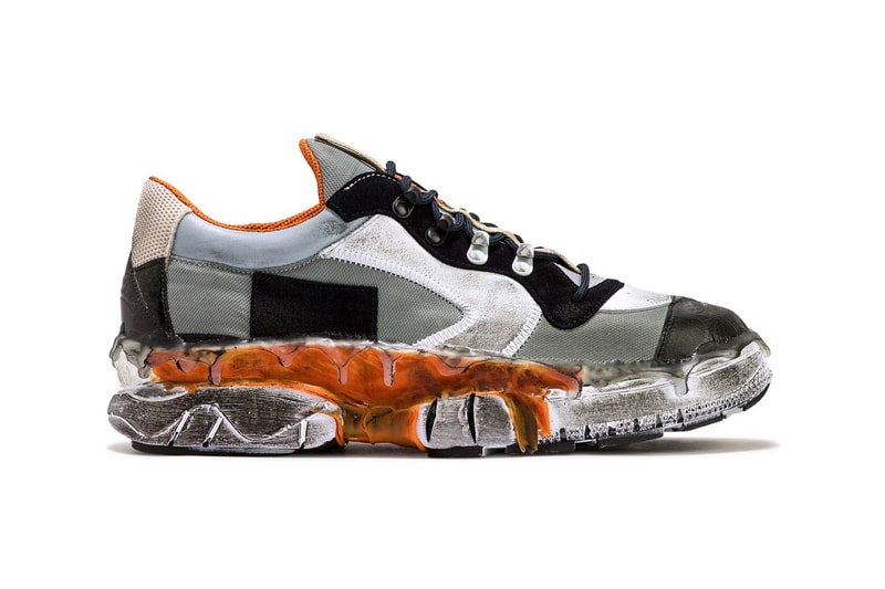 メゾン マルジェラ Maison Margiela からさまざまな異素材をパッチワークしたチャンキースニーカーが登場 Maison Margiela Patchwork Sneaker White Gray Light Blue Orange Over Glued 100% Bovine Leather Polyamide Polyester Viscose Worn Effect Avant Garde Luxury Expensive Sneaker Shoe Footwear HBX Drop Date Closer First Look