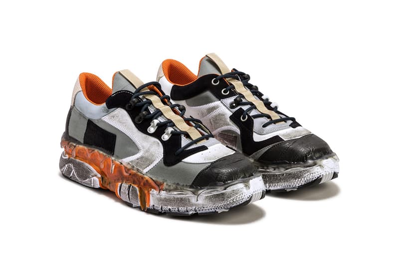 メゾン マルジェラ Maison Margiela からさまざまな異素材をパッチワークしたチャンキースニーカーが登場 Maison Margiela Patchwork Sneaker White Gray Light Blue Orange Over Glued 100% Bovine Leather Polyamide Polyester Viscose Worn Effect Avant Garde Luxury Expensive Sneaker Shoe Footwear HBX Drop Date Closer First Look
