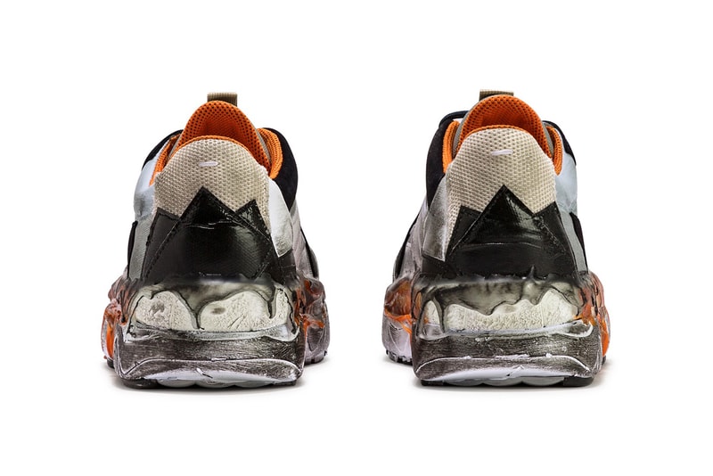 メゾン マルジェラ Maison Margiela からさまざまな異素材をパッチワークしたチャンキースニーカーが登場 Maison Margiela Patchwork Sneaker White Gray Light Blue Orange Over Glued 100% Bovine Leather Polyamide Polyester Viscose Worn Effect Avant Garde Luxury Expensive Sneaker Shoe Footwear HBX Drop Date Closer First Look