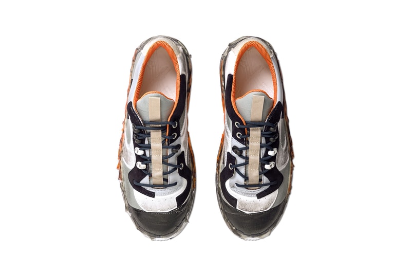 メゾン マルジェラ Maison Margiela からさまざまな異素材をパッチワークしたチャンキースニーカーが登場 Maison Margiela Patchwork Sneaker White Gray Light Blue Orange Over Glued 100% Bovine Leather Polyamide Polyester Viscose Worn Effect Avant Garde Luxury Expensive Sneaker Shoe Footwear HBX Drop Date Closer First Look