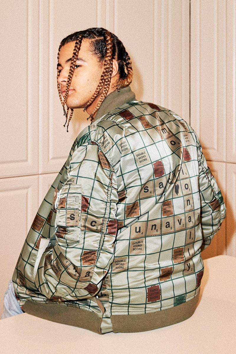 サカイ x エモーショナリー アンアベイラブル によるコラボカプセルコレクションが発売 sacai Joins Forces With Emotionally Unavailable for a Scrabble-Inspired Collection 24kgoldn rapper scrabble collaboration lookbooks chitose abe edison chen clot kb ma-1 sacai x emotionally unavailable 
