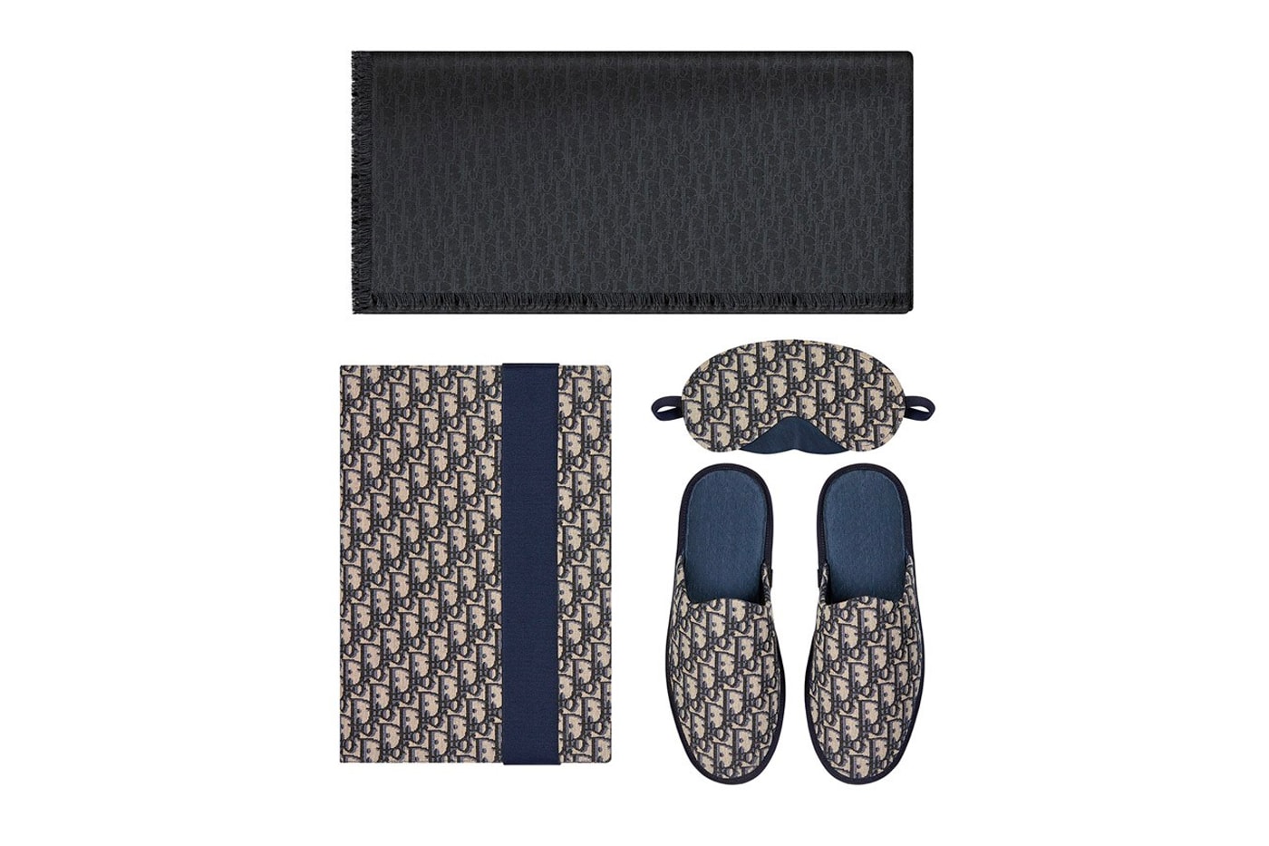 ディオール Dior Men First-Ever Homewear Kit Release Info Oblique Jacquard fashion slipper pouch eye mask stole navy blue black beige