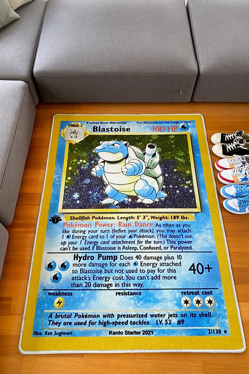 『ポケモンカード』の初期版カメックスを忠実に再現したラグが登場 Kanto Starter Pokémon Blastoise First Edition Base Rug Release Info Buy Price Logan Paul