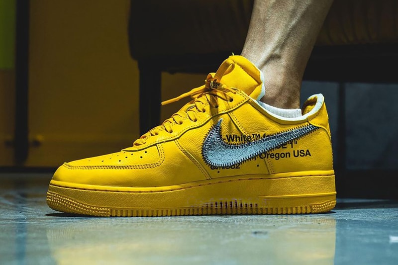 オフホワイトxナイキの最新コラボ エアフォース1“ユニバーシティーゴールド”の着用ビジュアルが浮上 off white nike air force 1 low university gold silver DD1876 700 release info store list buying guide photos price virgil abloh 