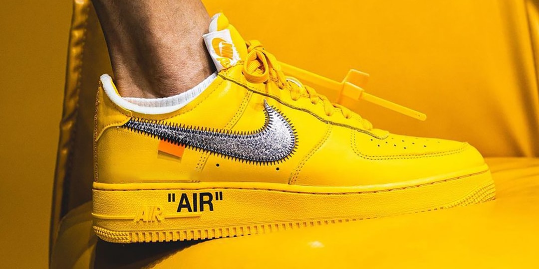 オフホワイトxナイキのAF1“ユニバーシティーゴールド”の着用ビジュアル 