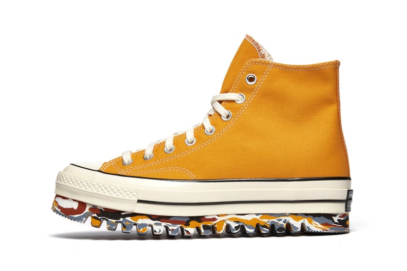 コンバースがマルチカラーのソールを付け加えたチャック70をリリース Converse Chuck 70 Hi Canvas Sunflower Trek 172330C Fall Winter 2021 Yellow Uppers OG Shoe Footwear Release Information Drop Date First Closer Look Americana Vintage Marbled Paint Rugged Sole Unit Reworked Unique Modern