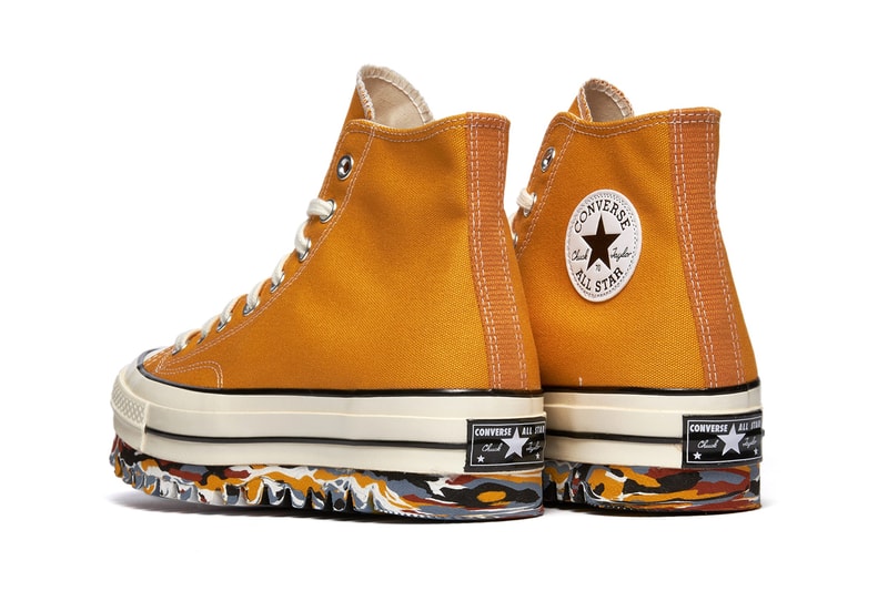 コンバースがマルチカラーのソールを付け加えたチャック70をリリース Converse Chuck 70 Hi Canvas Sunflower Trek 172330C Fall Winter 2021 Yellow Uppers OG Shoe Footwear Release Information Drop Date First Closer Look Americana Vintage Marbled Paint Rugged Sole Unit Reworked Unique Modern