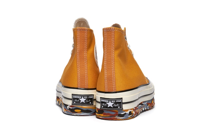 コンバースがマルチカラーのソールを付け加えたチャック70をリリース Converse Chuck 70 Hi Canvas Sunflower Trek 172330C Fall Winter 2021 Yellow Uppers OG Shoe Footwear Release Information Drop Date First Closer Look Americana Vintage Marbled Paint Rugged Sole Unit Reworked Unique Modern