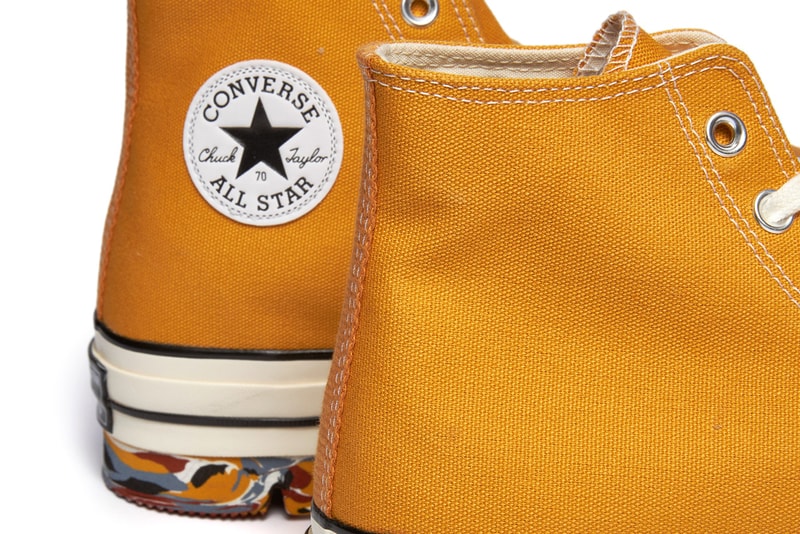 コンバースがマルチカラーのソールを付け加えたチャック70をリリース Converse Chuck 70 Hi Canvas Sunflower Trek 172330C Fall Winter 2021 Yellow Uppers OG Shoe Footwear Release Information Drop Date First Closer Look Americana Vintage Marbled Paint Rugged Sole Unit Reworked Unique Modern