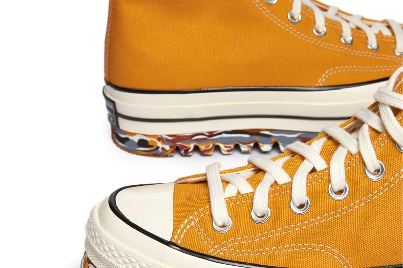 コンバースがマルチカラーのソールを付け加えたチャック70をリリース Converse Chuck 70 Hi Canvas Sunflower Trek 172330C Fall Winter 2021 Yellow Uppers OG Shoe Footwear Release Information Drop Date First Closer Look Americana Vintage Marbled Paint Rugged Sole Unit Reworked Unique Modern