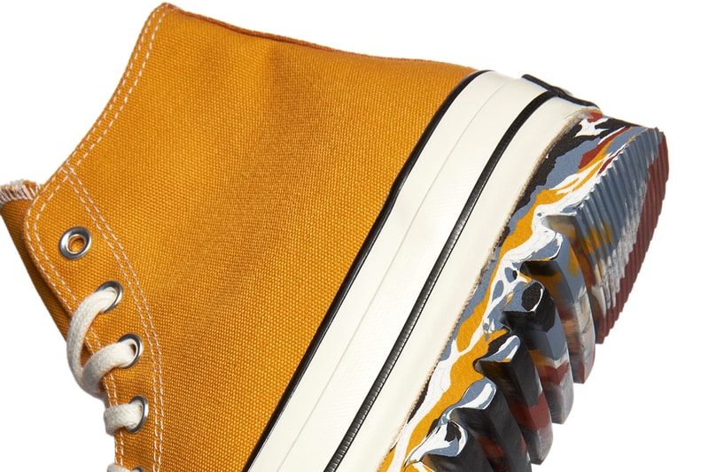 コンバースがマルチカラーのソールを付け加えたチャック70をリリース Converse Chuck 70 Hi Canvas Sunflower Trek 172330C Fall Winter 2021 Yellow Uppers OG Shoe Footwear Release Information Drop Date First Closer Look Americana Vintage Marbled Paint Rugged Sole Unit Reworked Unique Modern