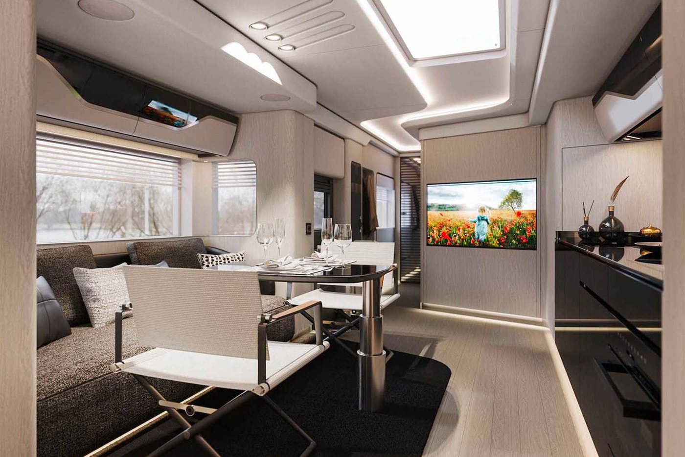 フェラーリも収納できるラグジュアリーなキャンピングカーが登場 Dembell Reveals a Luxurious Land Yacht small garage side package room king size bed Actros solar panel suite 