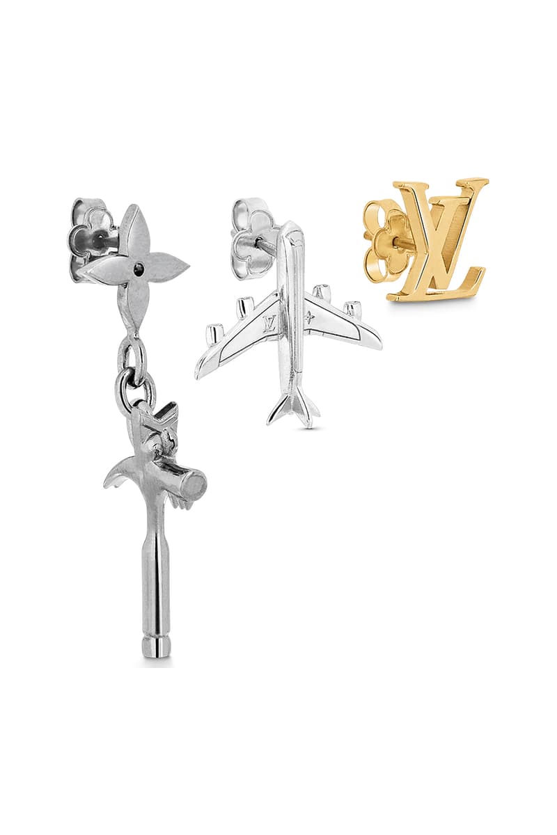 ルイ・ヴィトン 2021年秋冬コレクションから飛行機モチーフのピアスセットが登場 Louis Vuitton LV Comics Earrings Hammer Airplane Initials Monogram Flower Virgil Abloh Ebonics / Snake Oil / The Black Box / Mirror, Mirror Collection FW21 Fall Winter 2021