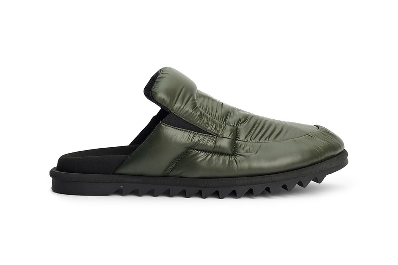 ドリス ヴァン ノッテンノッテンからパファージャケットのようなアッパーのミュールが登場 Dries Van Noten Padded Nylon Loafers Khaki Green Très Bien Vibram Gumlite Sole Unit Fall Winter 2021 FW21 Release Information Mules Backless