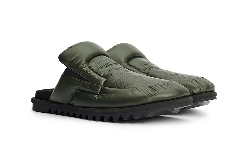 ドリス ヴァン ノッテンノッテンからパファージャケットのようなアッパーのミュールが登場 Dries Van Noten Padded Nylon Loafers Khaki Green Très Bien Vibram Gumlite Sole Unit Fall Winter 2021 FW21 Release Information Mules Backless