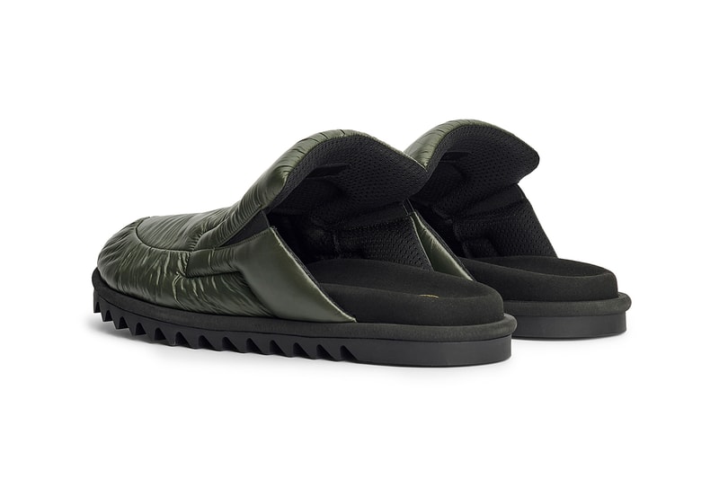 ドリス ヴァン ノッテンノッテンからパファージャケットのようなアッパーのミュールが登場 Dries Van Noten Padded Nylon Loafers Khaki Green Très Bien Vibram Gumlite Sole Unit Fall Winter 2021 FW21 Release Information Mules Backless