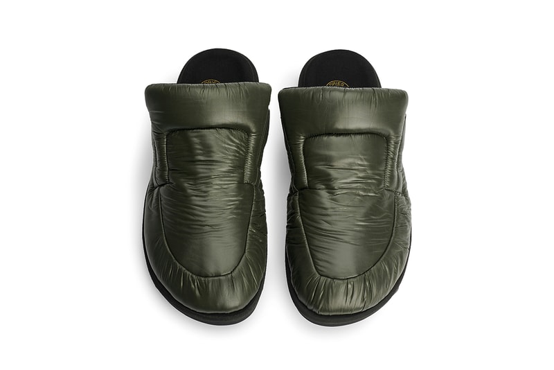ドリス ヴァン ノッテンノッテンからパファージャケットのようなアッパーのミュールが登場 Dries Van Noten Padded Nylon Loafers Khaki Green Très Bien Vibram Gumlite Sole Unit Fall Winter 2021 FW21 Release Information Mules Backless