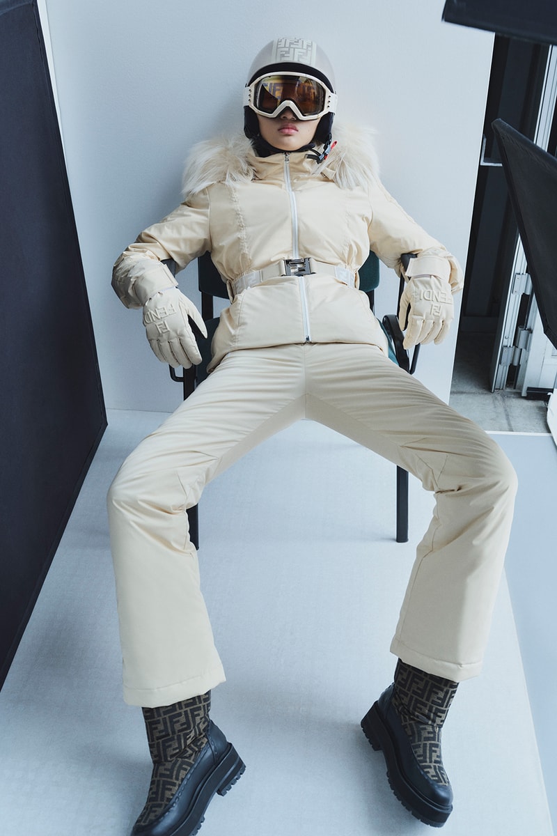 FENDI がサステナブルに焦点を当てたスキーウェアコレクションを発表 Fendi Releases Its 2021 Skiwear Line women men outwear accessories ski trip sustainability regenerated duck feathers aquafil econyl yarn jacket tracksuits karligraphy monogram FF logo down pants weatherproof heat tech skis helmet goggles boots release info 