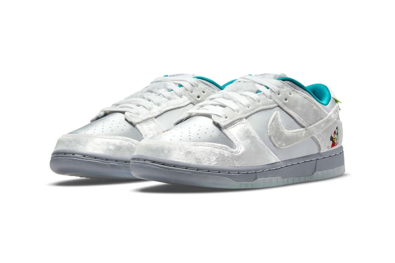 ナイキが中国の“雪と氷の祭典”に着想した新作モデルを発売 First Look at the Nike Dunk Low "Ice" Holiday Season Harbin international sculpture festival silver satin white velvet turqoise pennon banners children sled SNKRS release info