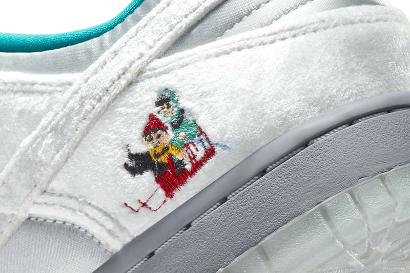 ナイキが中国の“雪と氷の祭典”に着想した新作モデルを発売 First Look at the Nike Dunk Low "Ice" Holiday Season Harbin international sculpture festival silver satin white velvet turqoise pennon banners children sled SNKRS release info