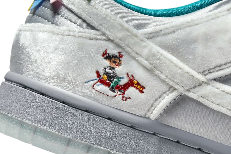 ナイキが中国の“雪と氷の祭典”に着想した新作モデルを発売 First Look at the Nike Dunk Low "Ice" Holiday Season Harbin international sculpture festival silver satin white velvet turqoise pennon banners children sled SNKRS release info